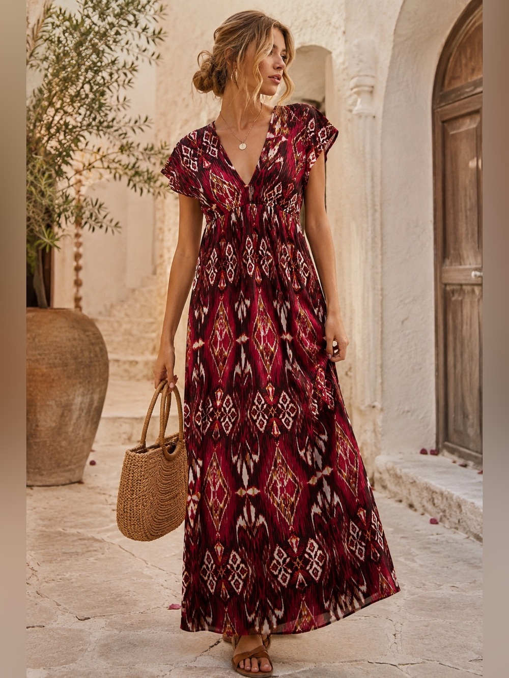Bongo Burgundy Boho Maxi Dress M Ikat Festival Euro Summer‎ Resort Vacation